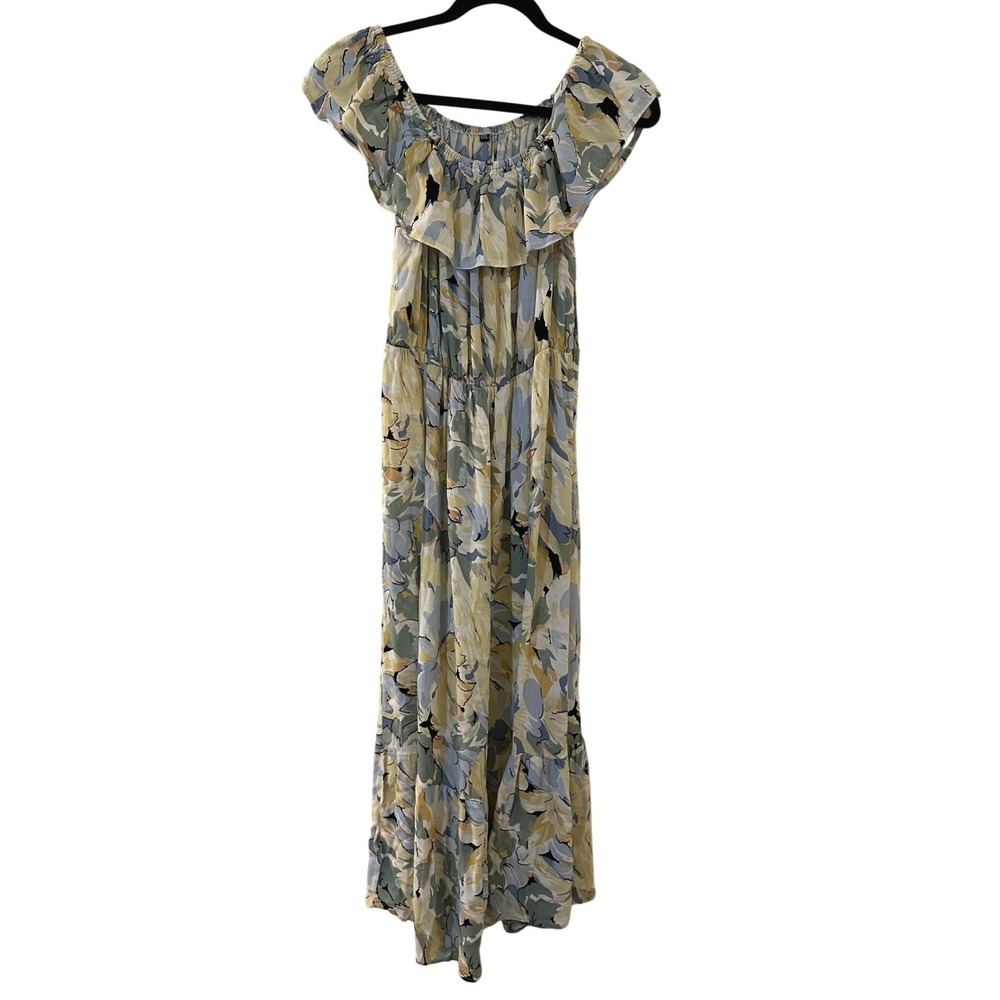 Floral Off The Shoulder Maxi Dress XXL Blue Yellow Ruffle Tiered Summer Flowy